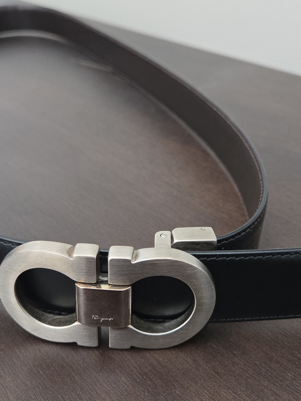 Salvatore Ferragamo Black Leather Belt with Silver Double Gancini Buckle
